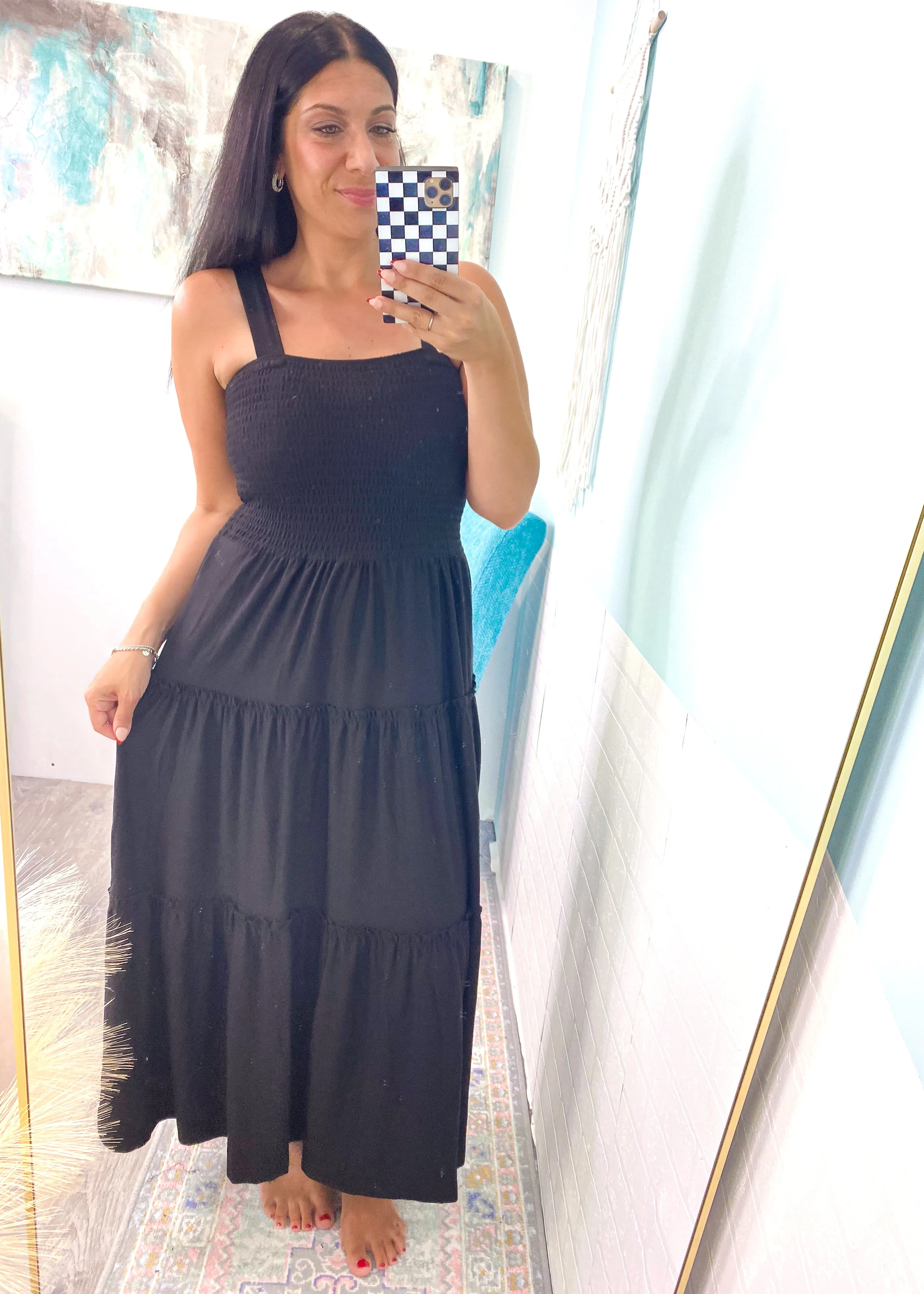 'High Tide' Black Smocked Tiered Midi Dress