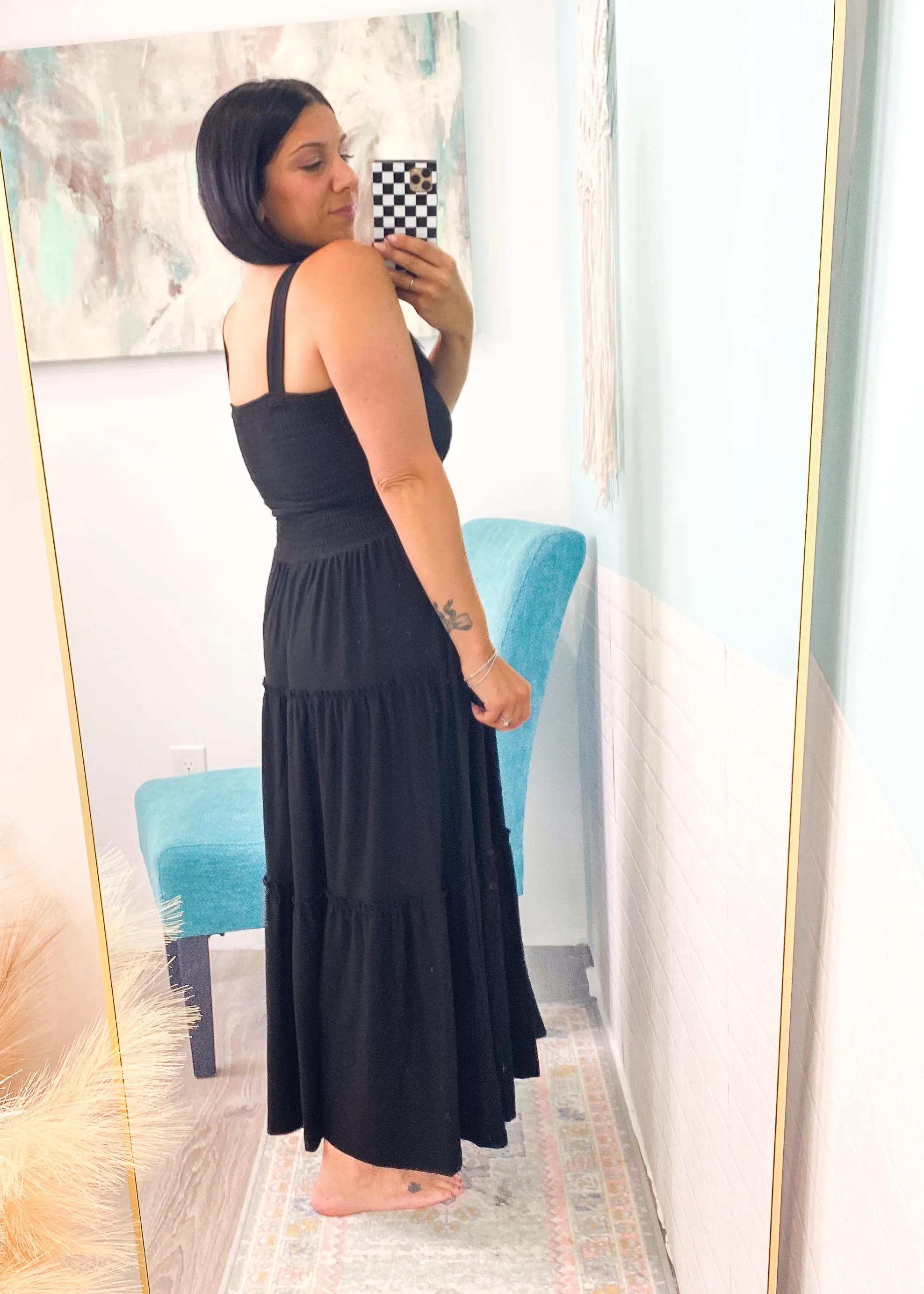 'High Tide' Black Smocked Tiered Midi Dress