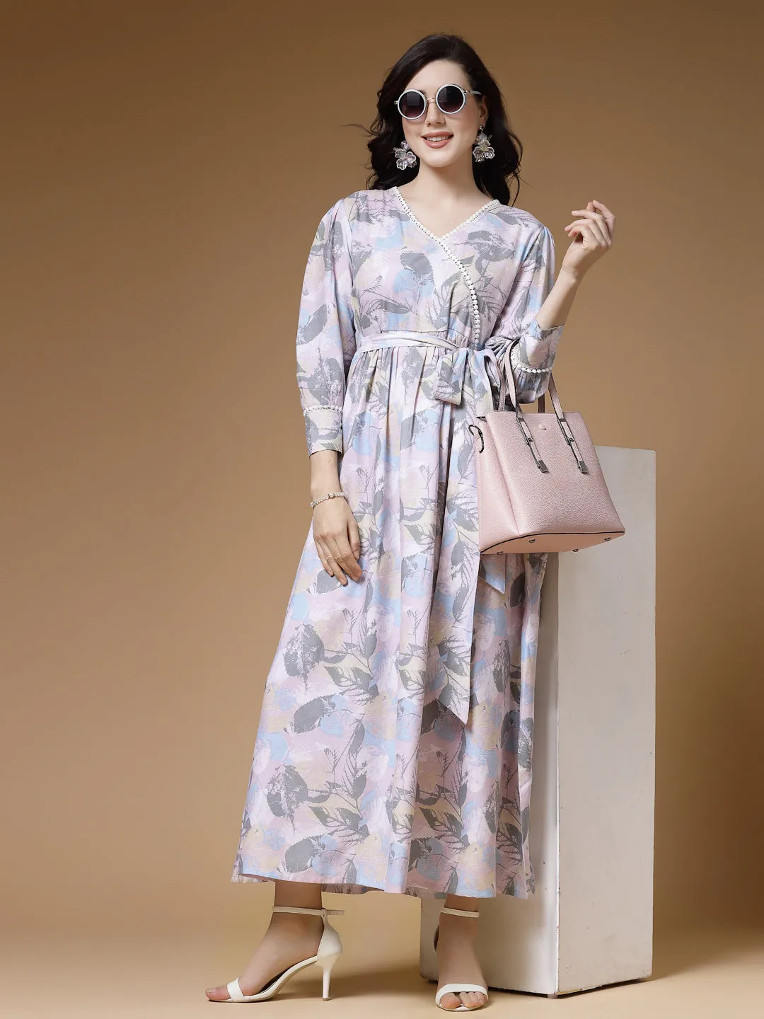 Indibelle Abstract Print Rayon Belted Dress (Pink)