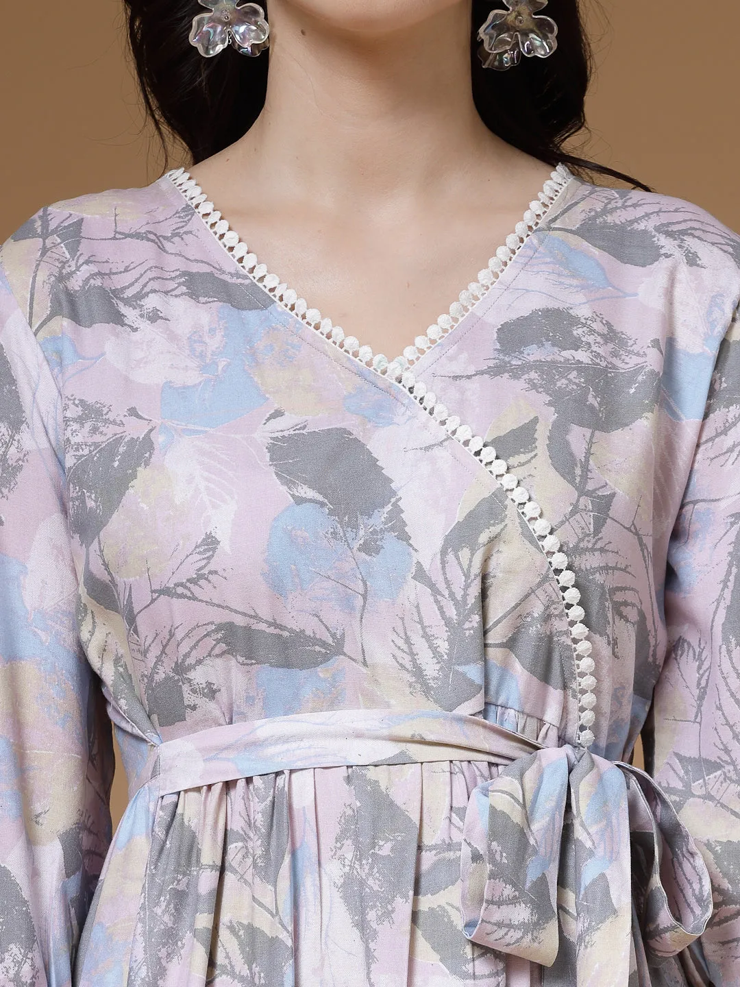 Indibelle Abstract Print Rayon Belted Dress (Pink)