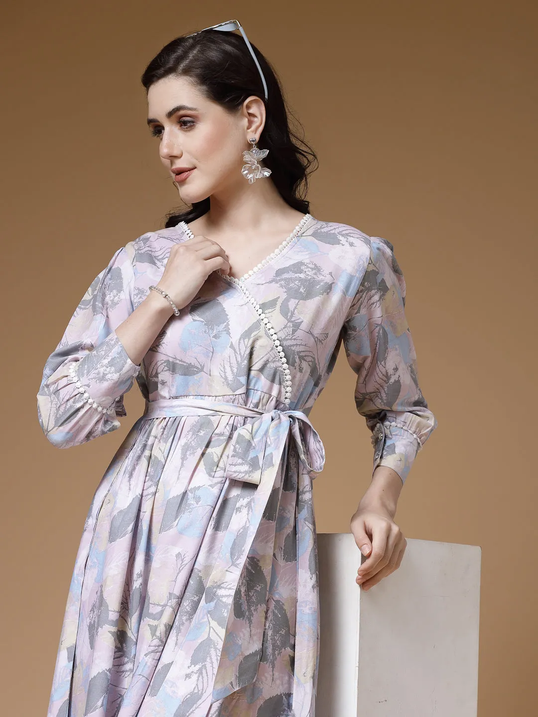 Indibelle Abstract Print Rayon Belted Dress (Pink)