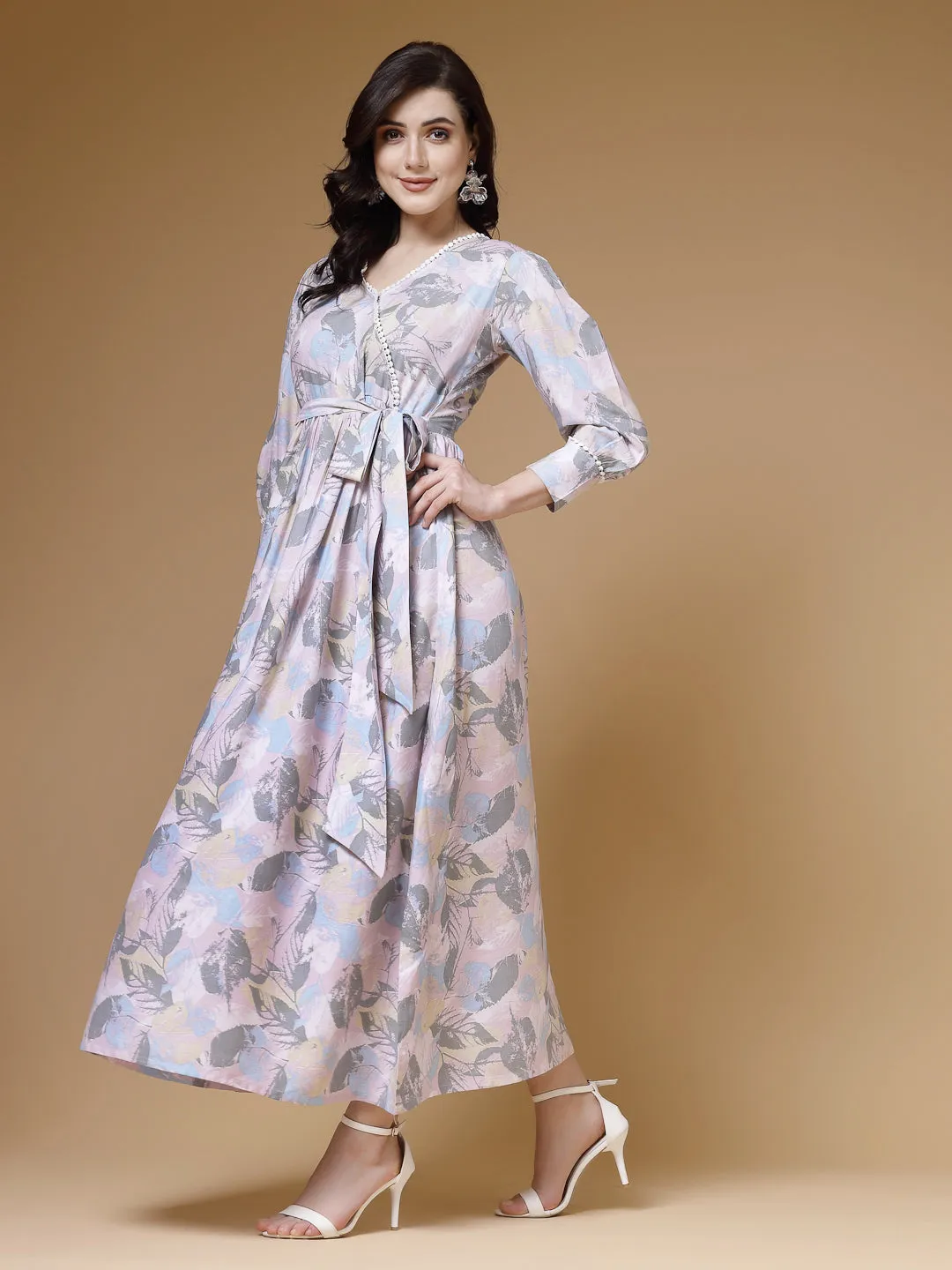Indibelle Abstract Print Rayon Belted Dress (Pink)
