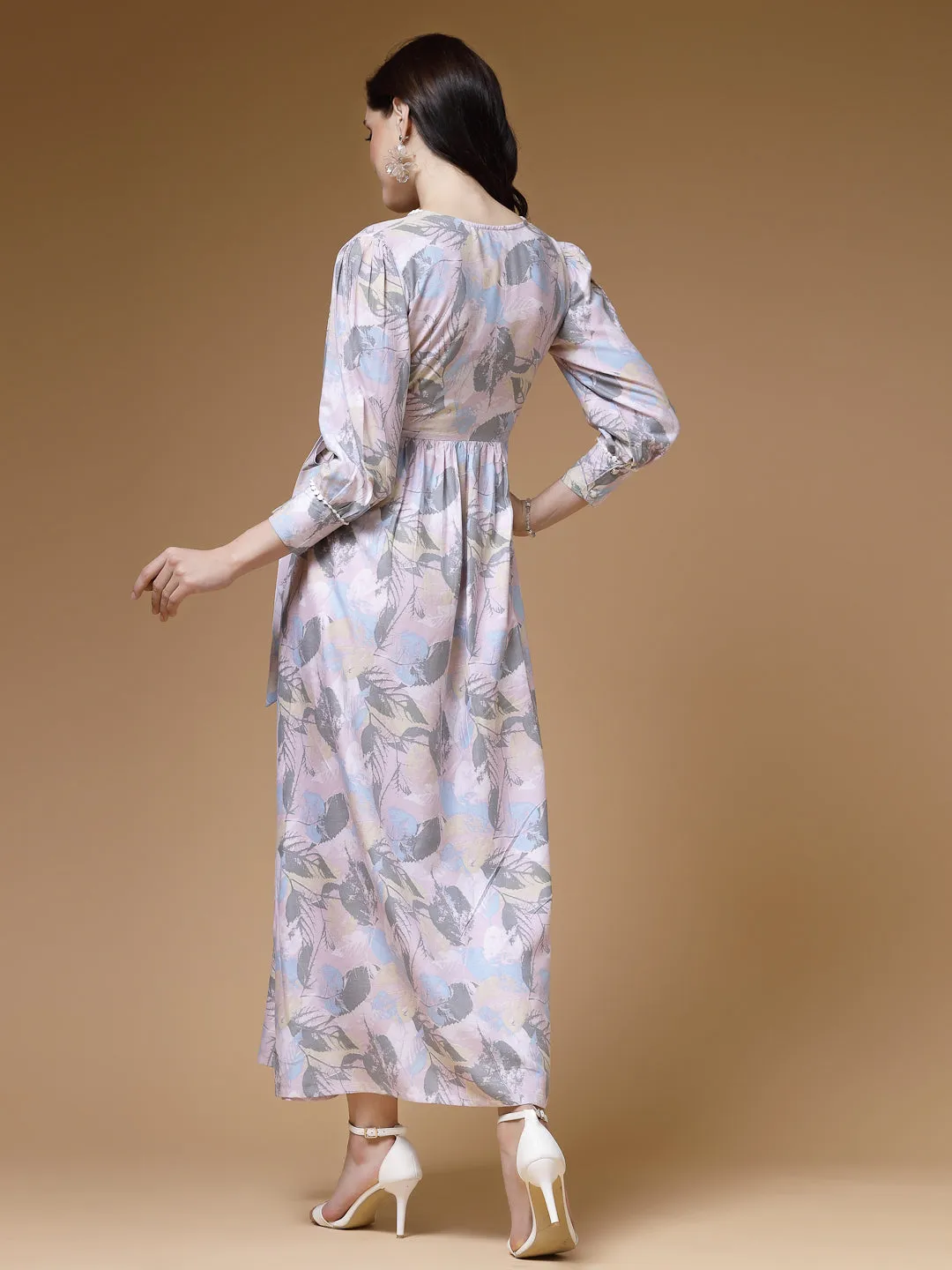 Indibelle Abstract Print Rayon Belted Dress (Pink)