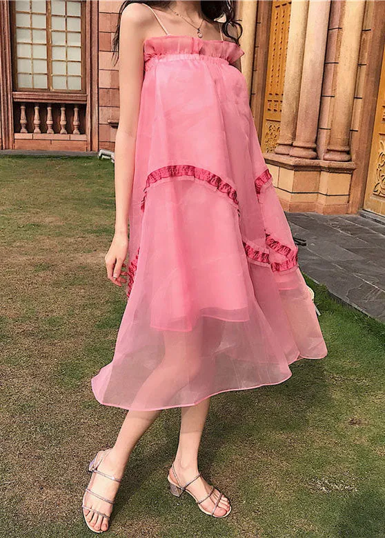 Modern Pink Wrinkled Patchwork Tulle Skirt Summer