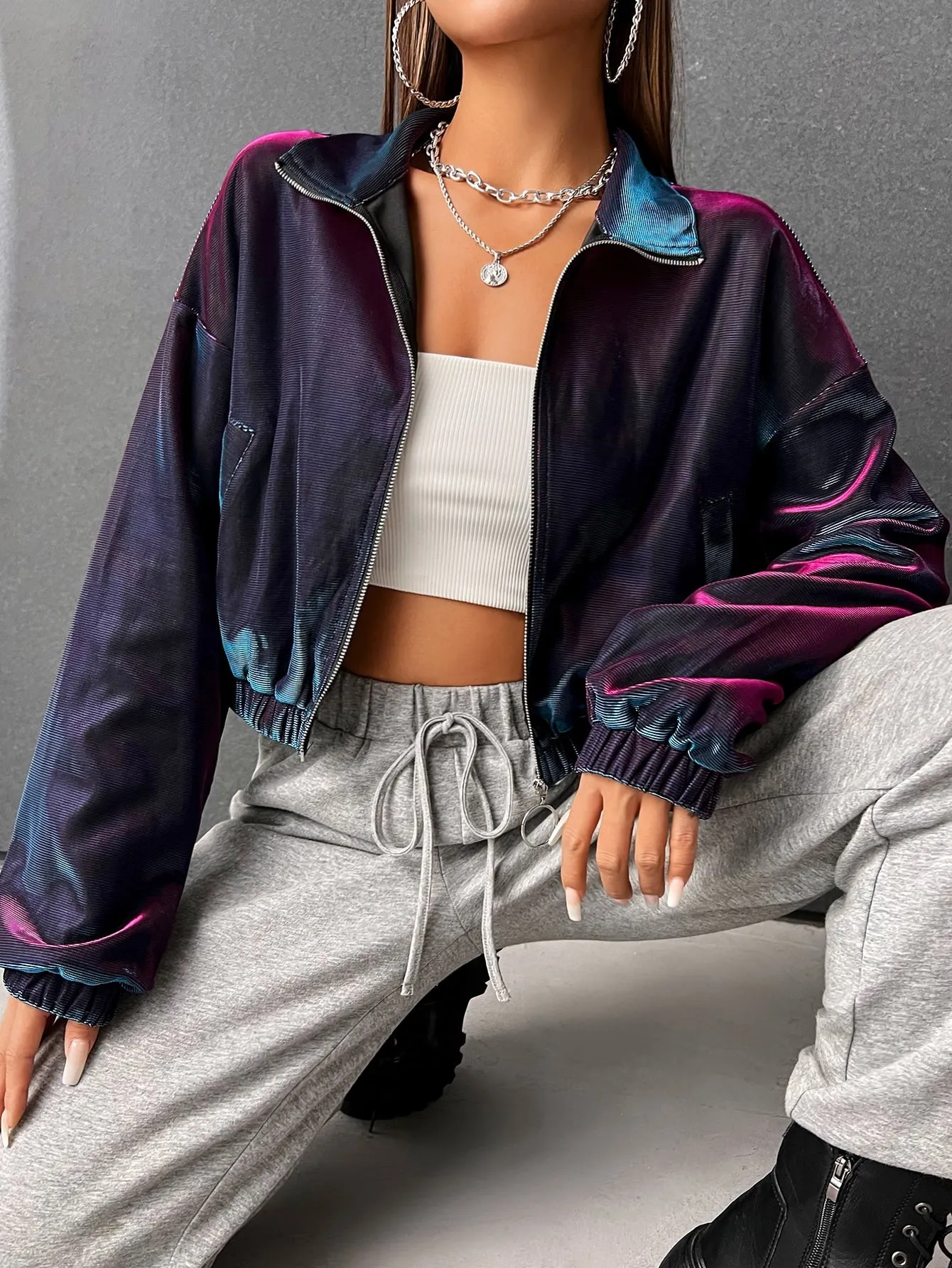 SHEIN Coolane Colorblock Drop Shoulder Zipper Jacket