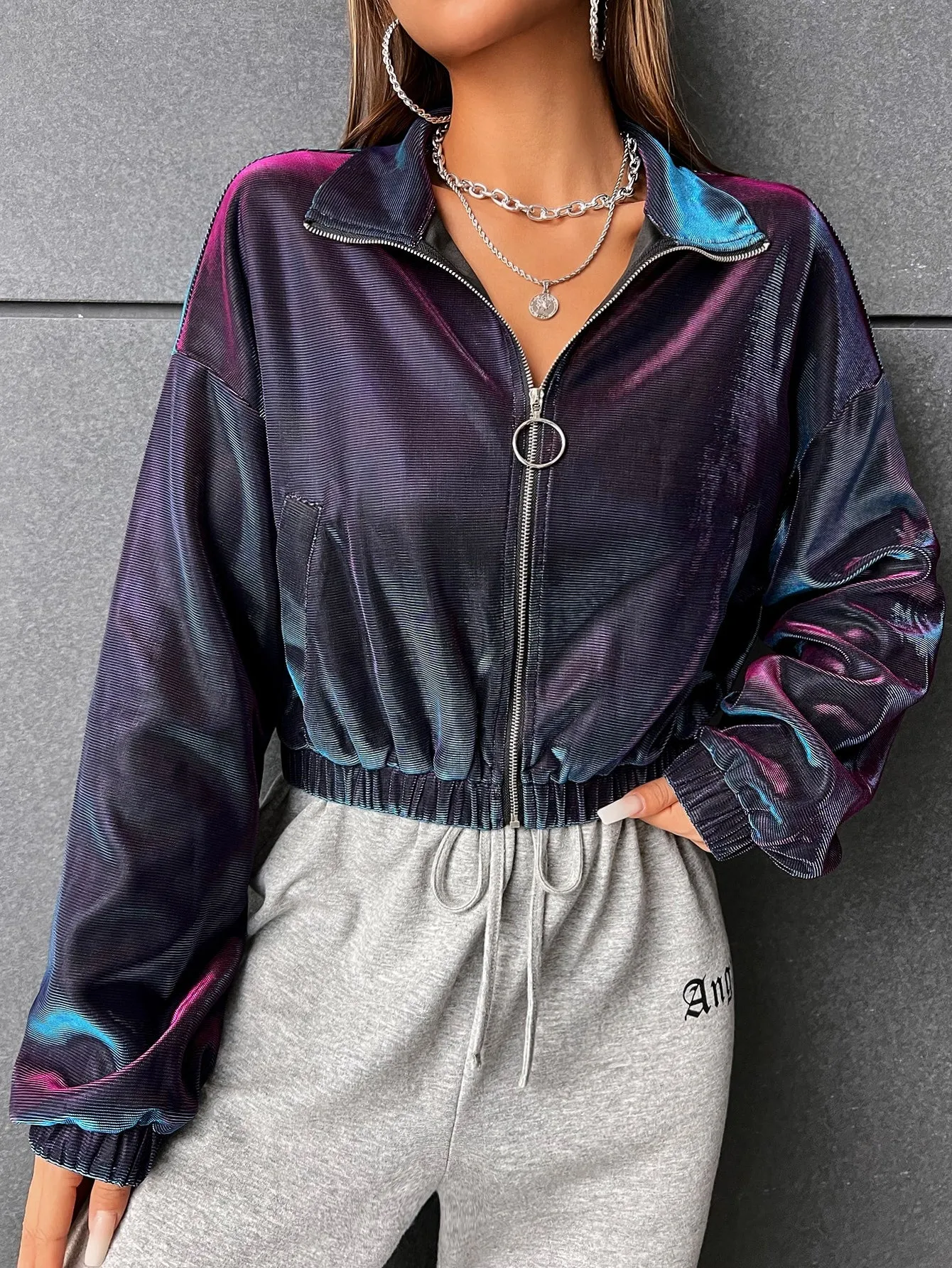 SHEIN Coolane Colorblock Drop Shoulder Zipper Jacket