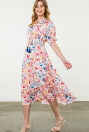 Smocked Waist Shell Print Dress