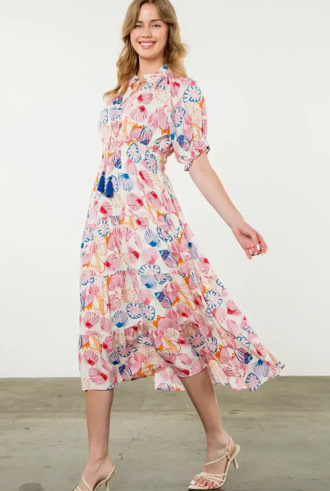 Smocked Waist Shell Print Dress