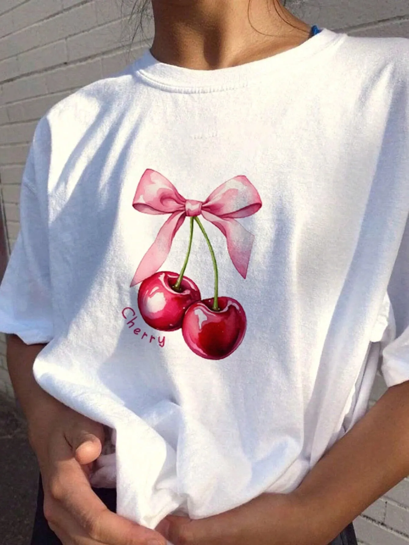 SXV women's Round Neck Short Sleeve Cherry Print Simple T-Shirt, Casual For Daily Wear