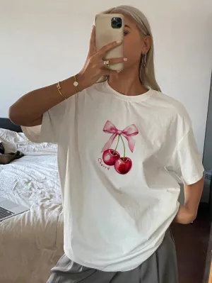 SXV women's Round Neck Short Sleeve Cherry Print Simple T-Shirt, Casual For Daily Wear