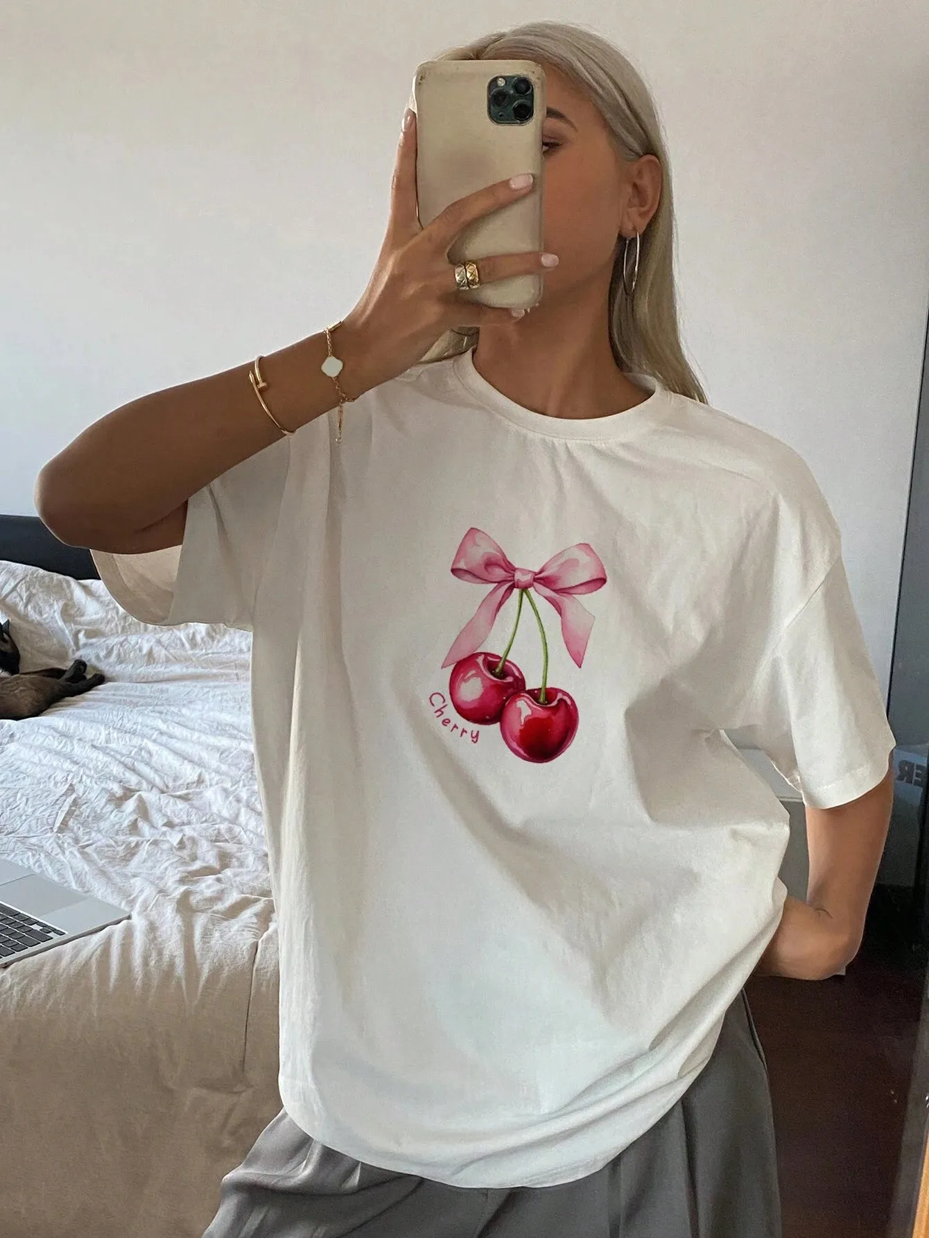 SXV women's Round Neck Short Sleeve Cherry Print Simple T-Shirt, Casual For Daily Wear