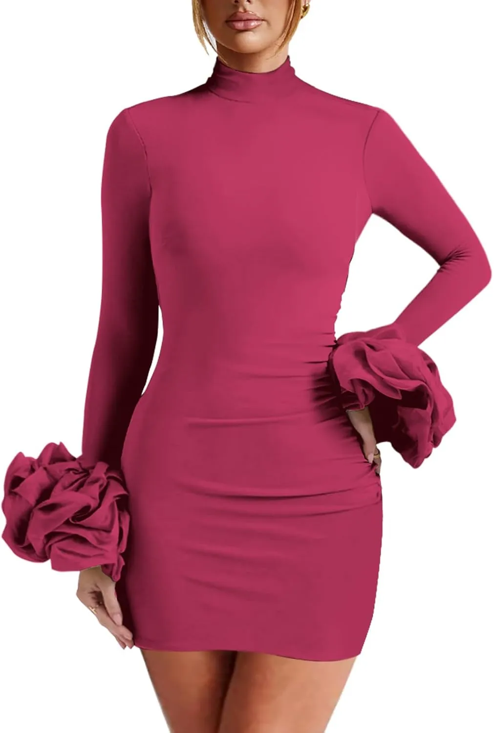 Women Long Puff Sleeve Mini Dress, Ruched Bodycon Mock Neck, Sexy Cocktail Party Dress