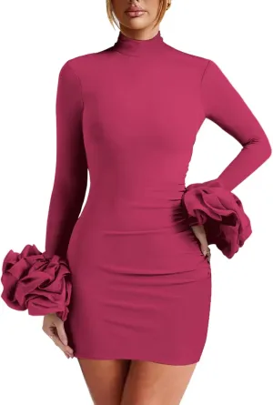 Women Long Puff Sleeve Mini Dress, Ruched Bodycon Mock Neck, Sexy Cocktail Party Dress