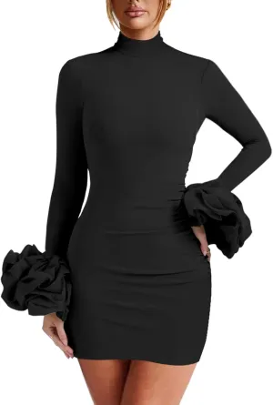 Women Long Puff Sleeve Mini Dress, Ruched Bodycon Mock Neck, Sexy Cocktail Party Dress