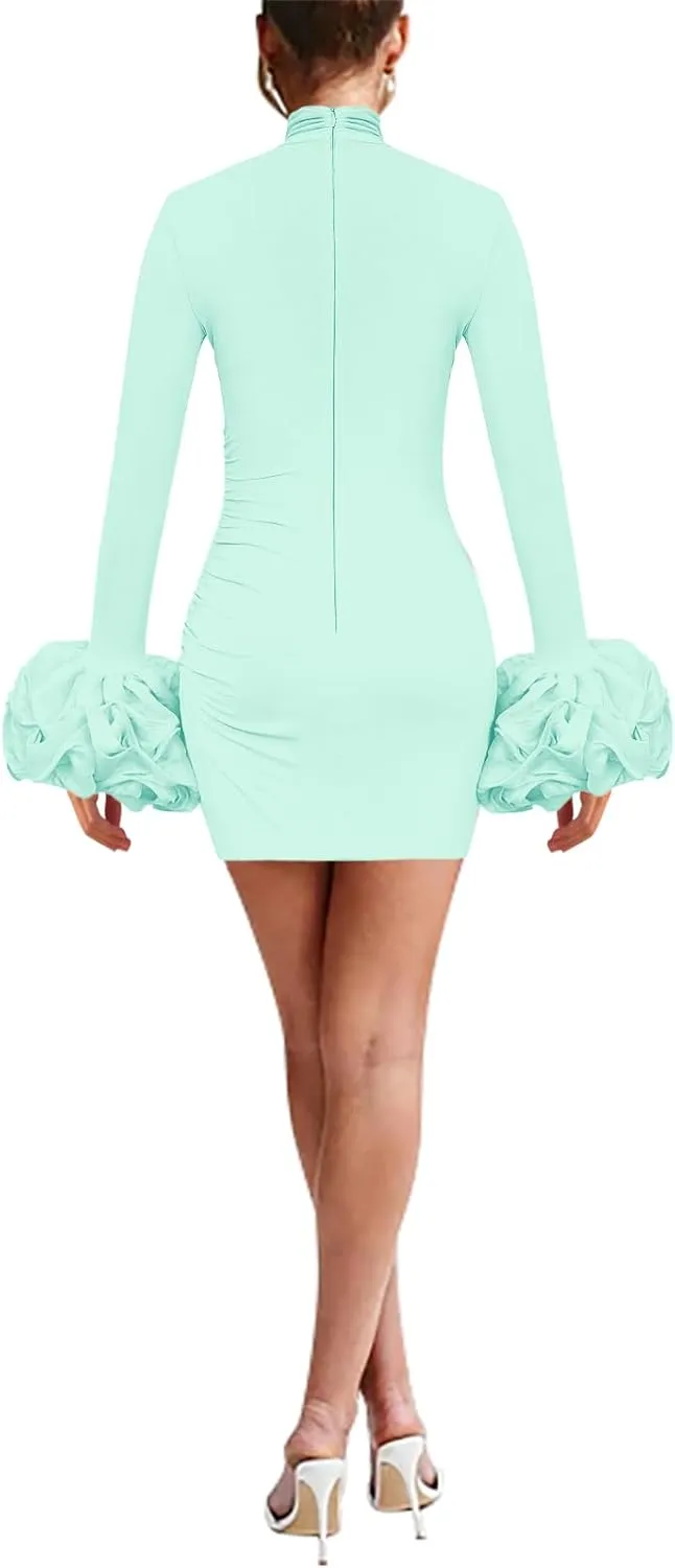 Women Long Puff Sleeve Mini Dress, Ruched Bodycon Mock Neck, Sexy Cocktail Party Dress