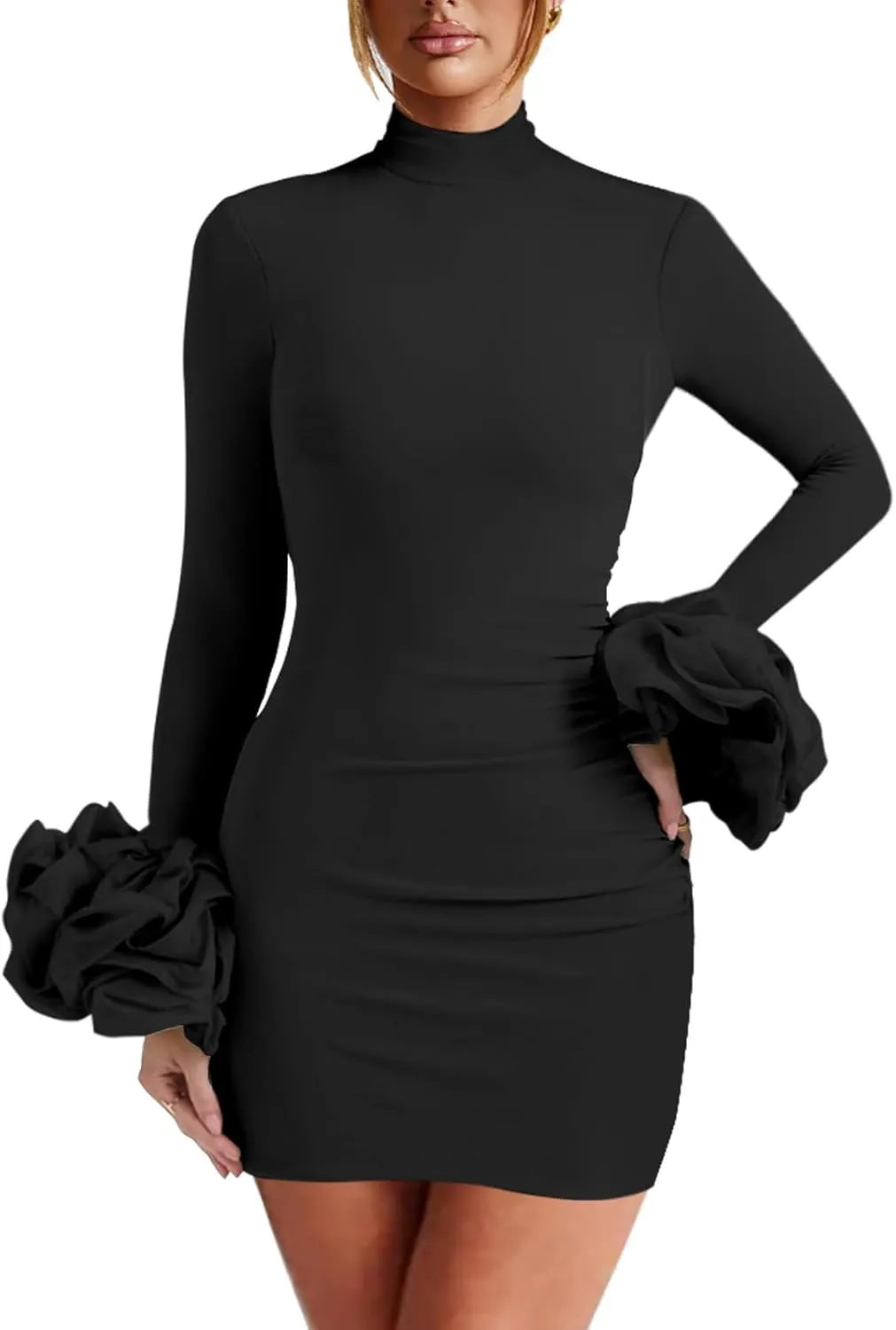 Women Long Puff Sleeve Mini Dress, Ruched Bodycon Mock Neck, Sexy Cocktail Party Dress