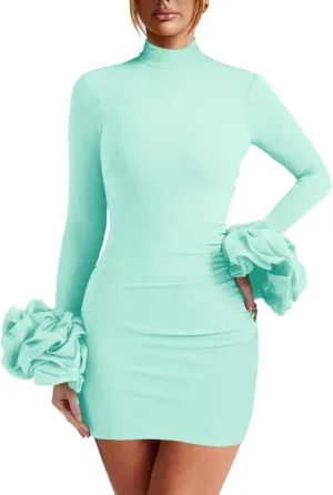 Women Long Puff Sleeve Mini Dress, Ruched Bodycon Mock Neck, Sexy Cocktail Party Dress