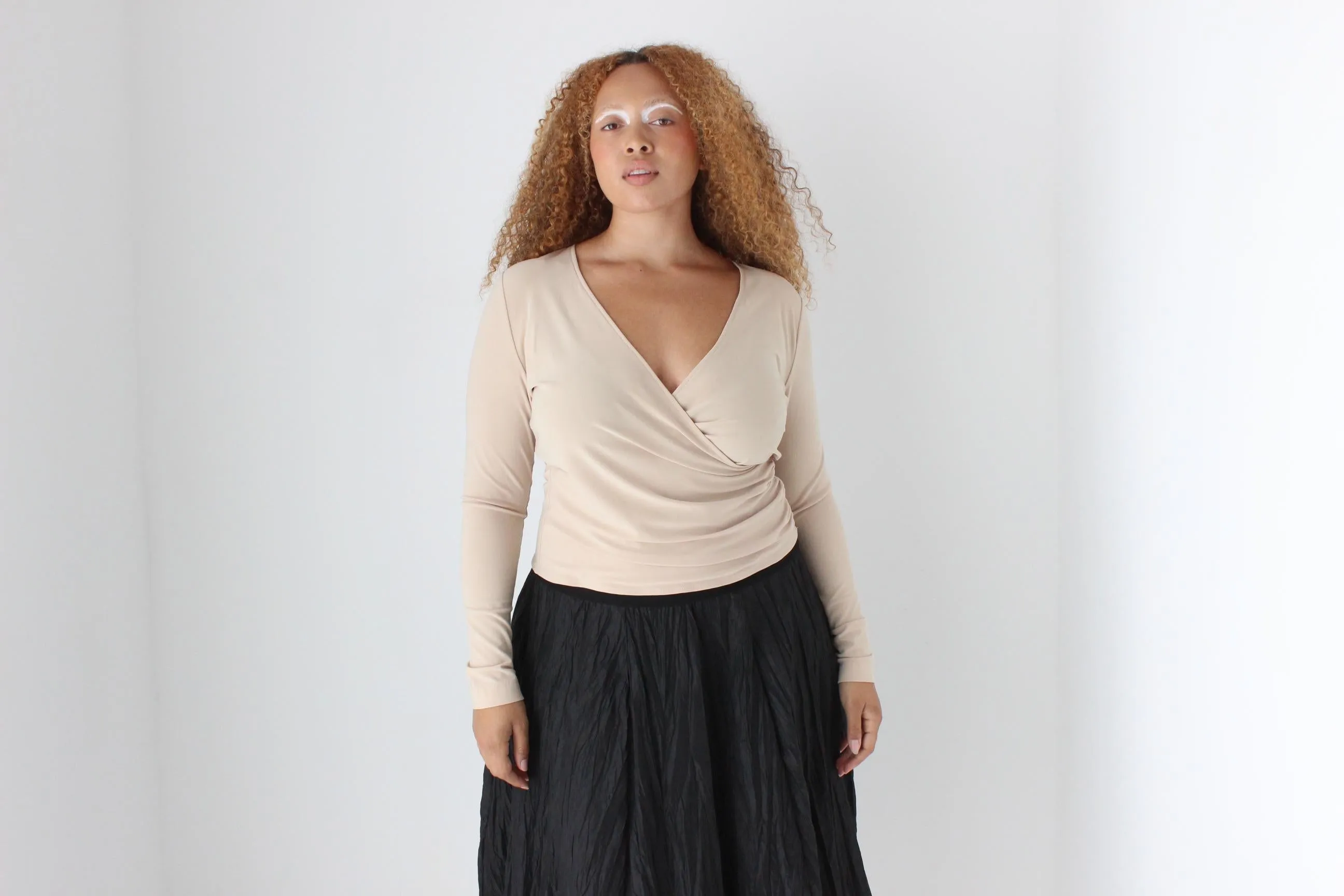 Y2K Stretch Neutral Sexy V Neck Plunge 'Wrap' Top